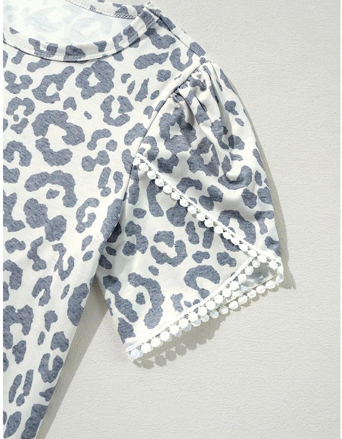 Beige Leopard Round Neck Lace Trim Petal Sleeve T Shirt
