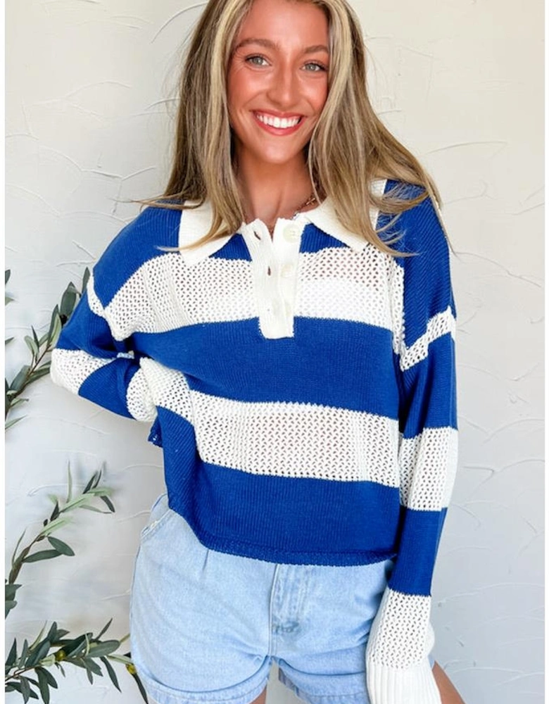Blue Stripe Colorblock Polo Collar Eyelet Crochet Knitted Sweater