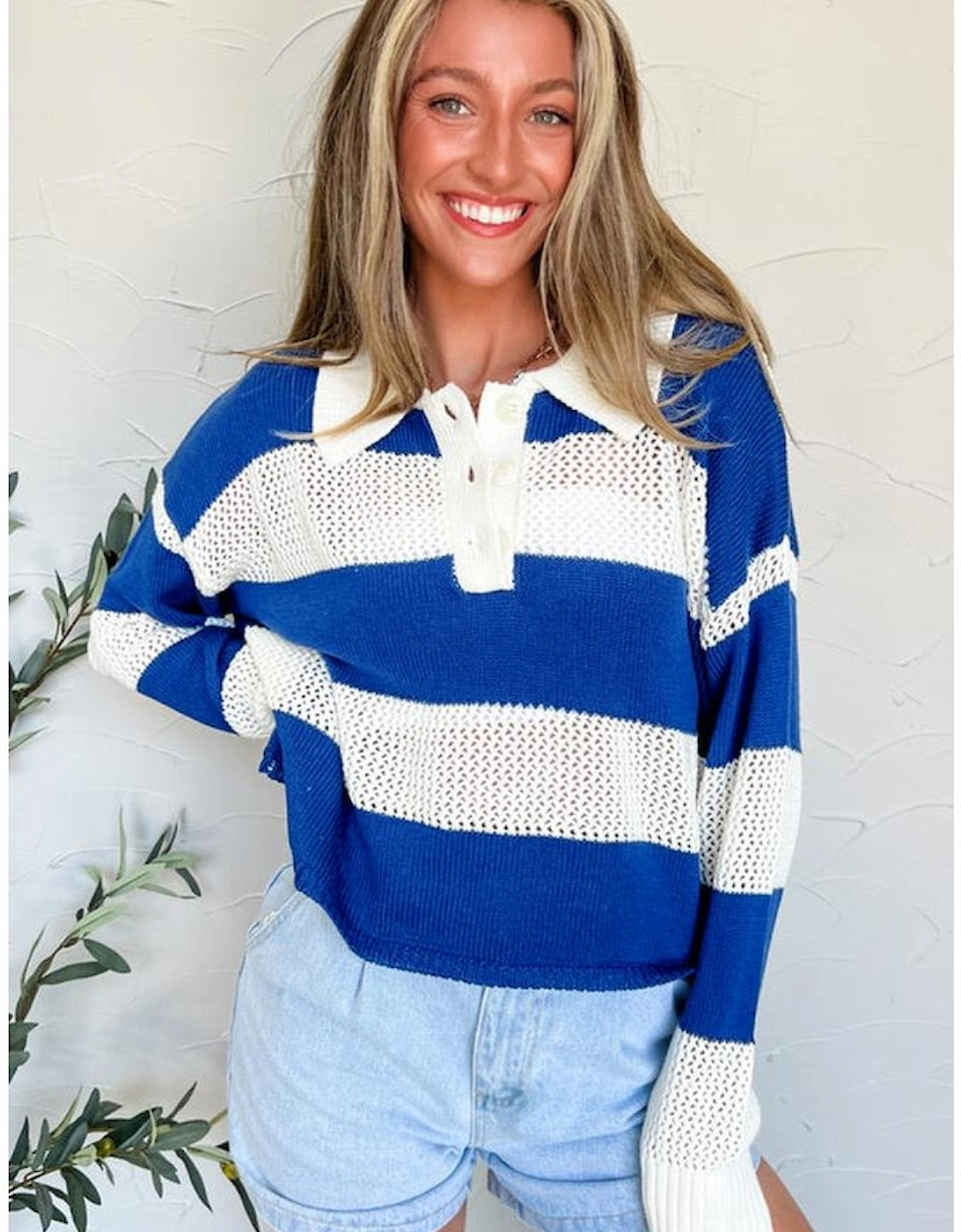 Blue Stripe Colorblock Polo Collar Eyelet Crochet Knitted Sweater