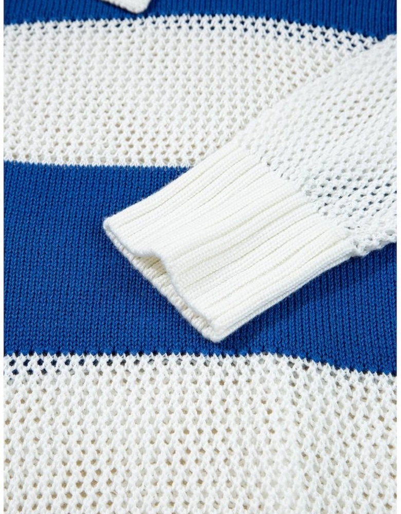 Blue Stripe Colorblock Polo Collar Eyelet Crochet Knitted Sweater