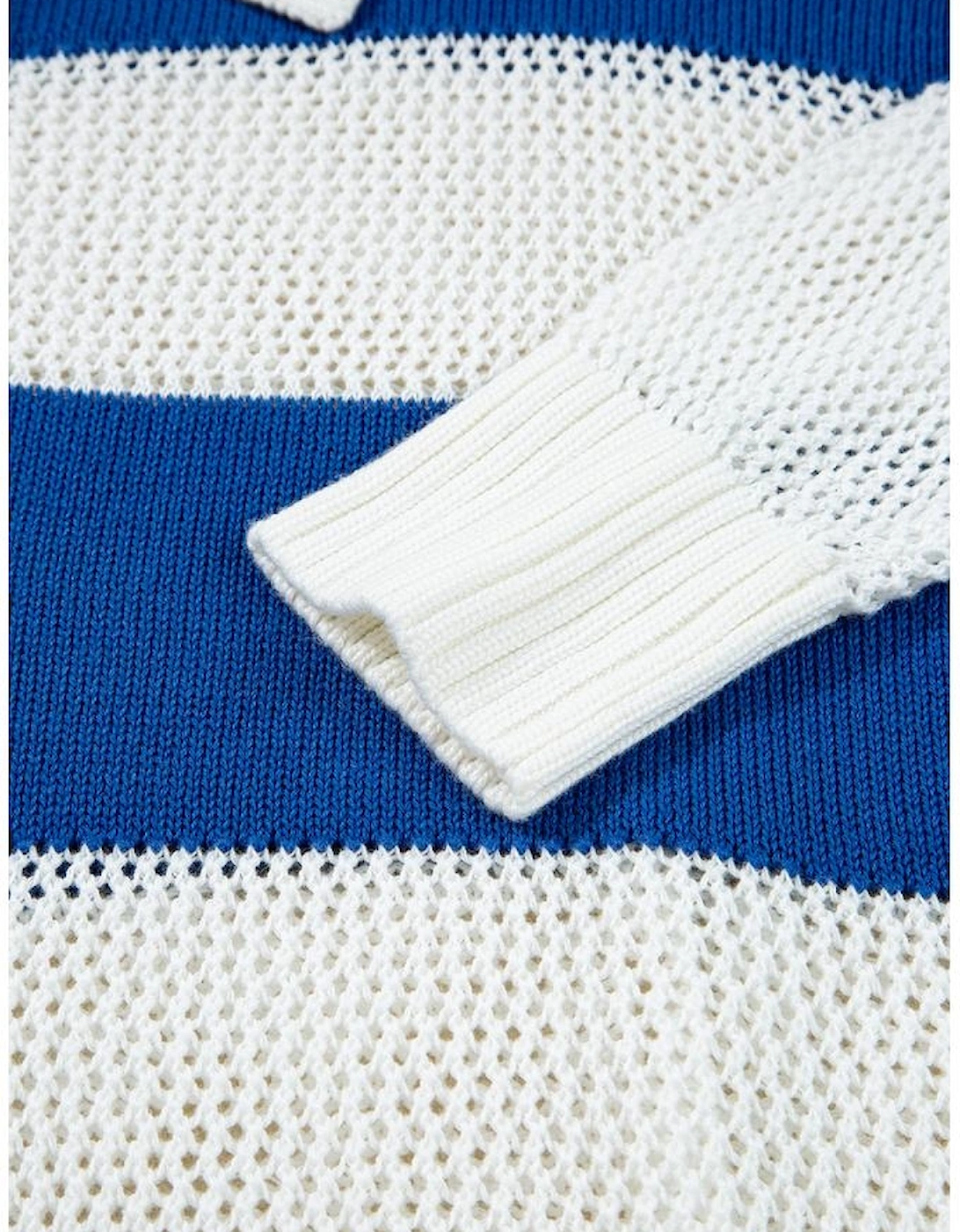 Blue Stripe Colorblock Polo Collar Eyelet Crochet Knitted Sweater