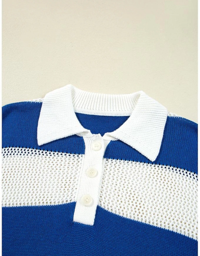 Blue Stripe Colorblock Polo Collar Eyelet Crochet Knitted Sweater