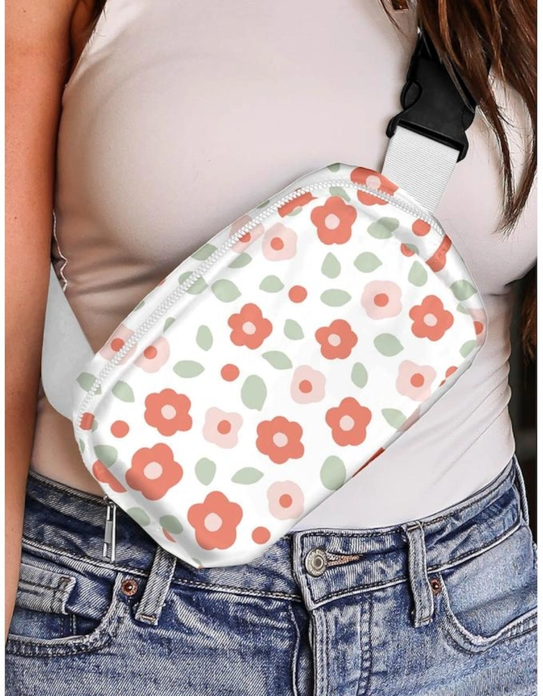 White Floral Print Buckle Wide Belt Zipper Crossbody Bag