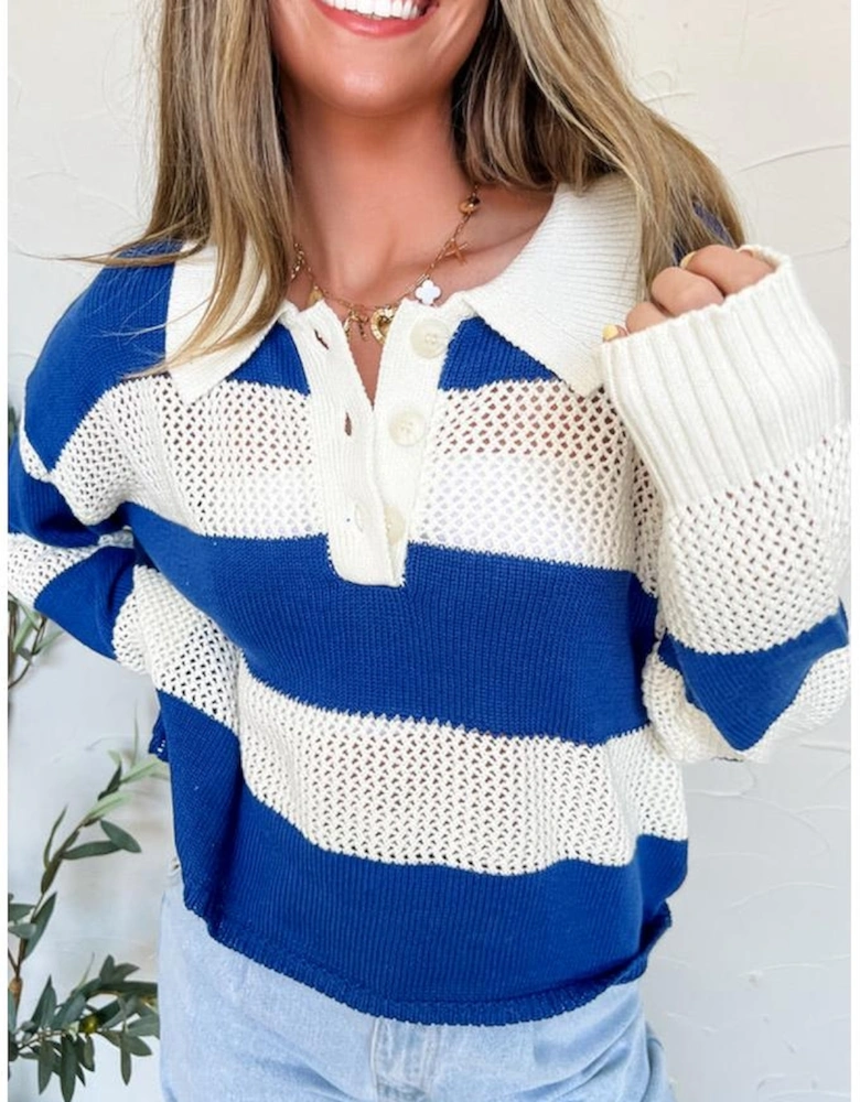 Blue Stripe Colorblock Polo Collar Eyelet Crochet Knitted Sweater
