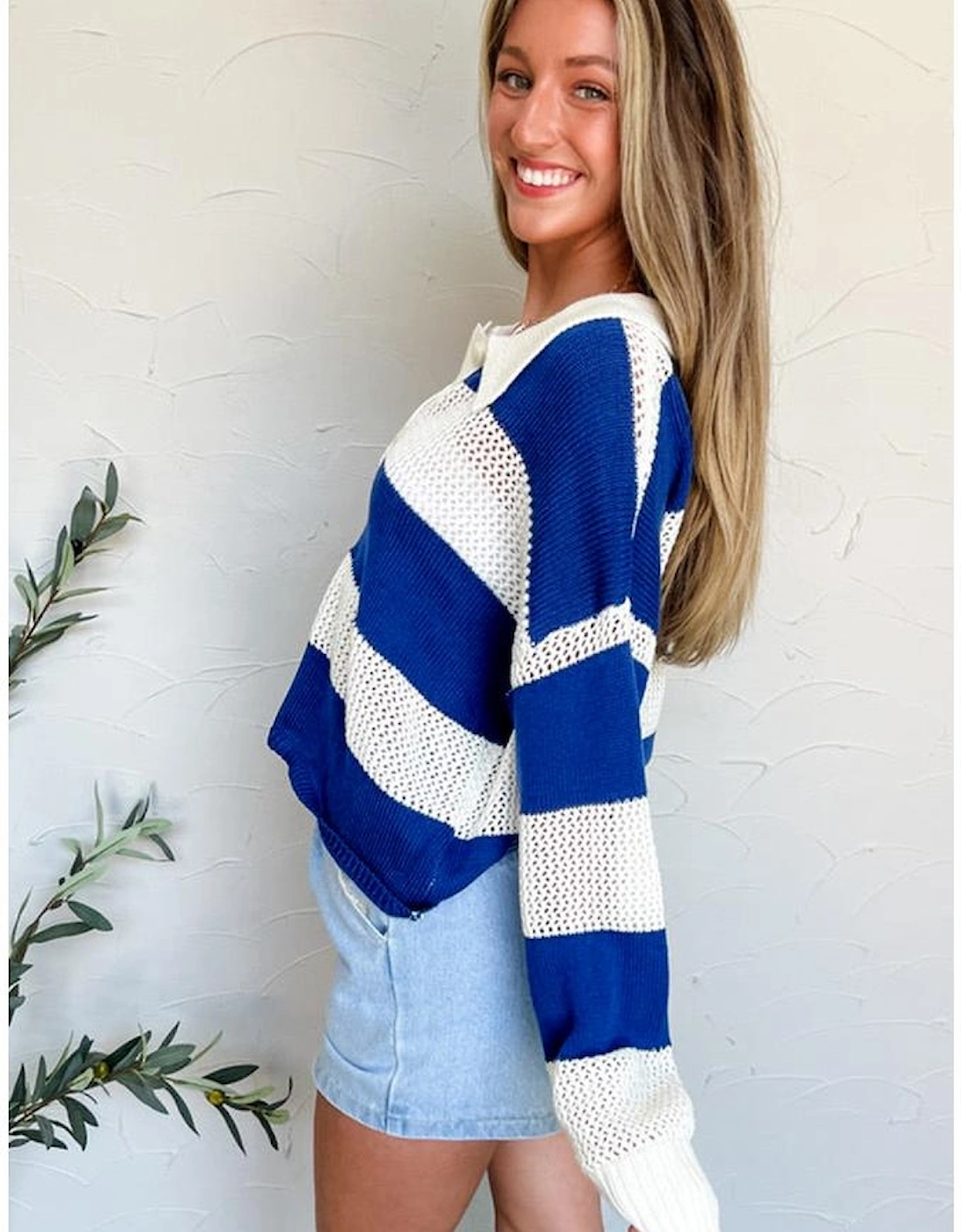 Blue Stripe Colorblock Polo Collar Eyelet Crochet Knitted Sweater