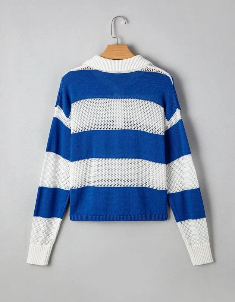 Blue Stripe Colorblock Polo Collar Eyelet Crochet Knitted Sweater