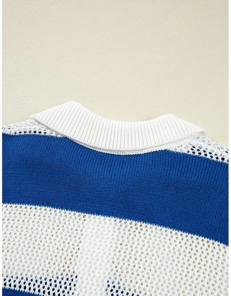 Blue Stripe Colorblock Polo Collar Eyelet Crochet Knitted Sweater