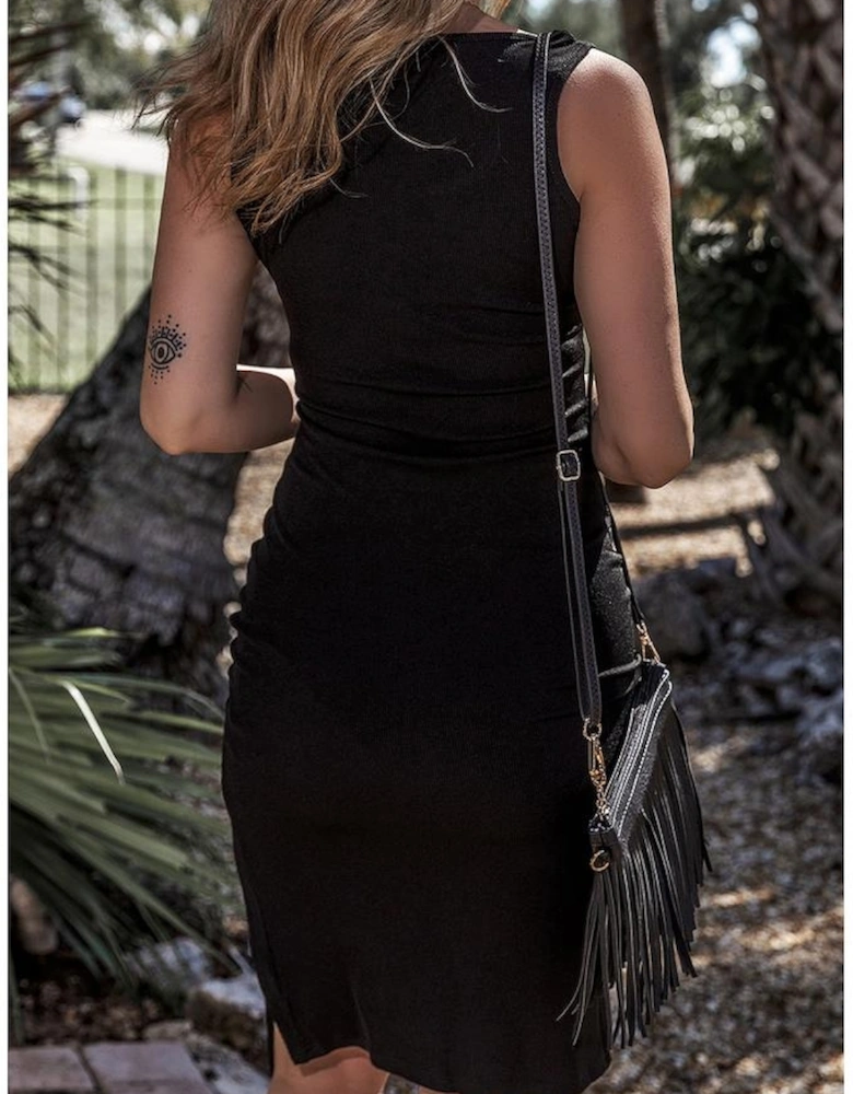 Black Drawstring Ruched Side Split Ribbed Midi Dress