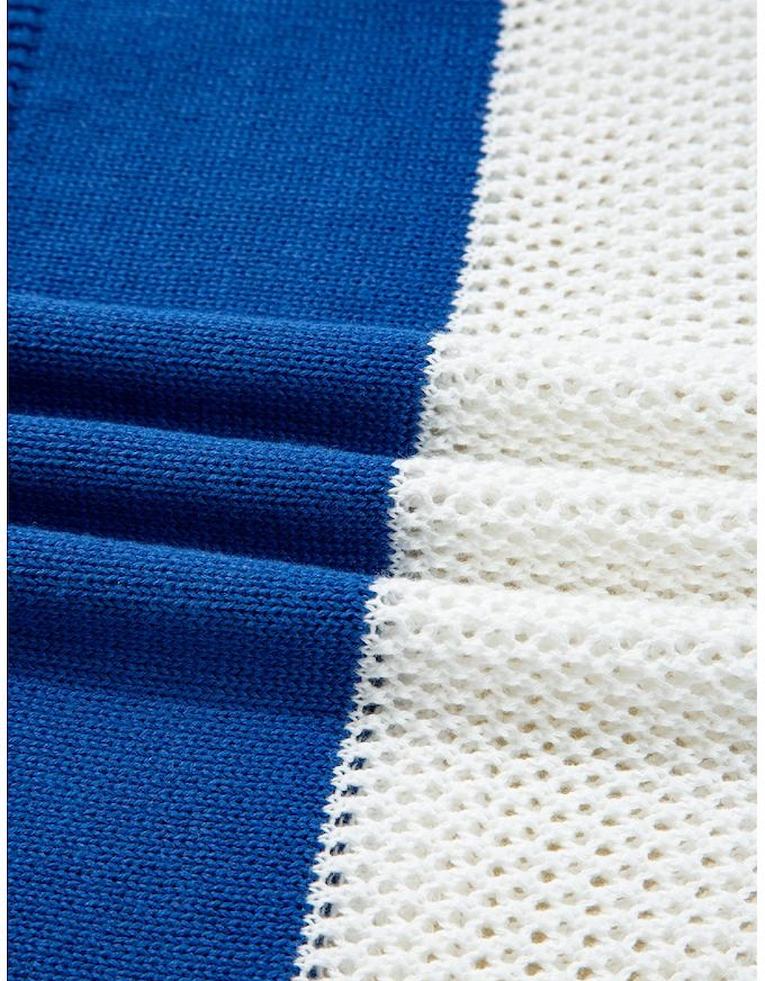 Blue Stripe Colorblock Polo Collar Eyelet Crochet Knitted Sweater