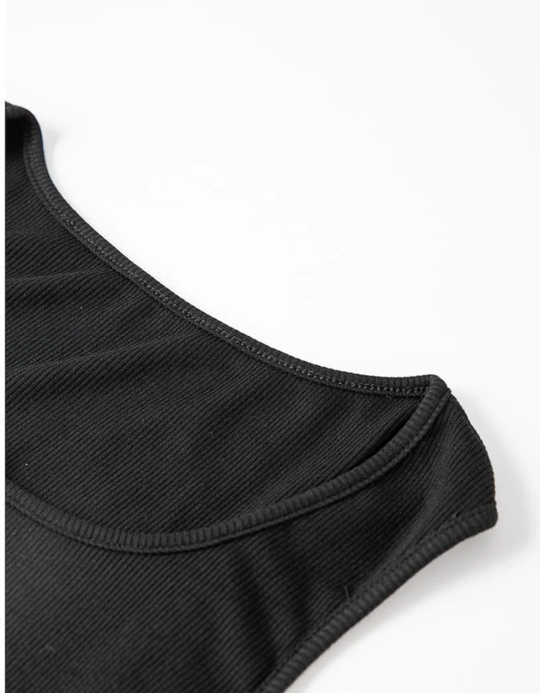 Black Drawstring Ruched Side Split Ribbed Midi Dress