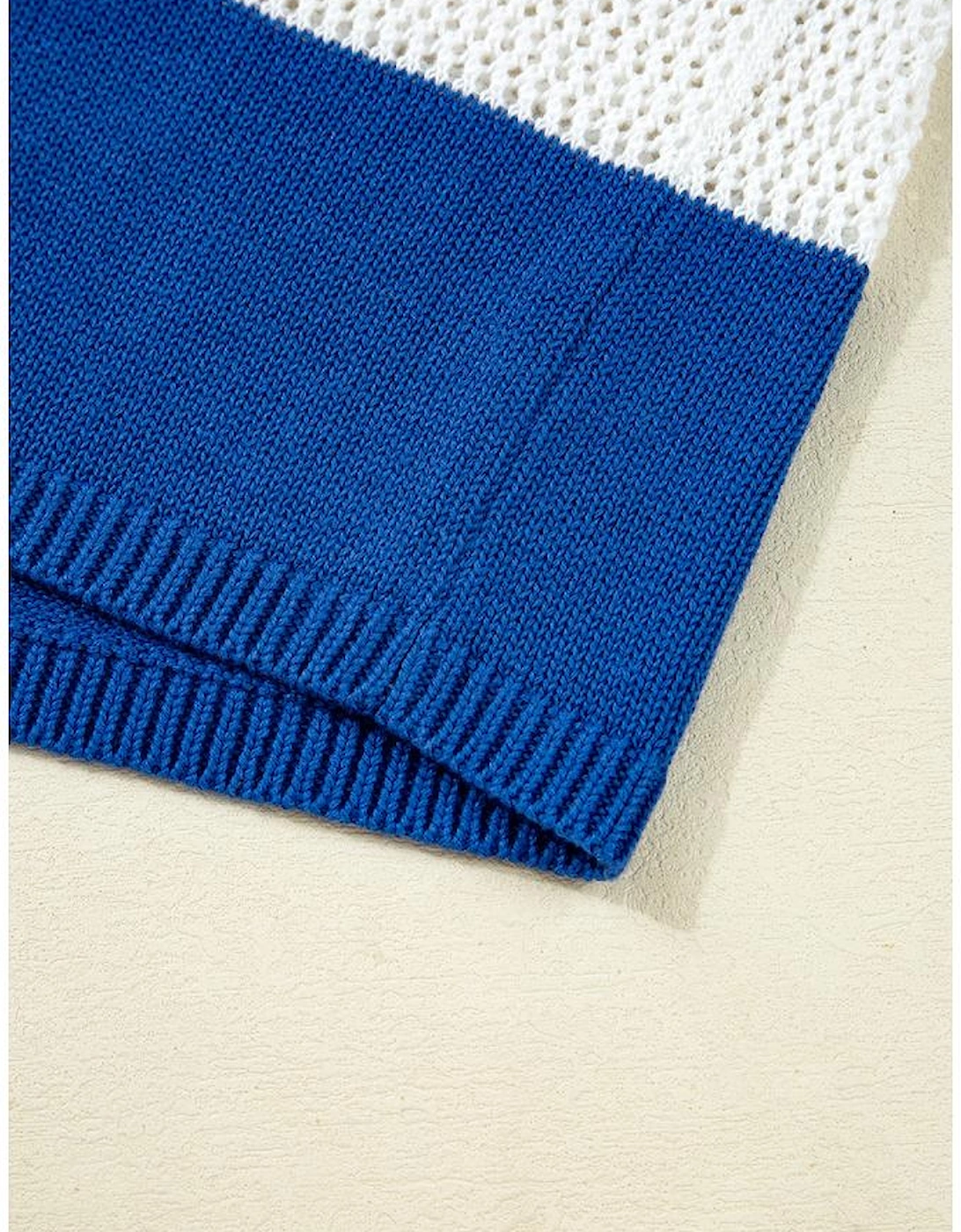 Blue Stripe Colorblock Polo Collar Eyelet Crochet Knitted Sweater