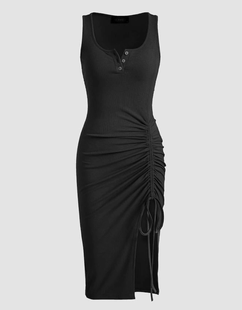 Black Drawstring Ruched Side Split Ribbed Midi Dress