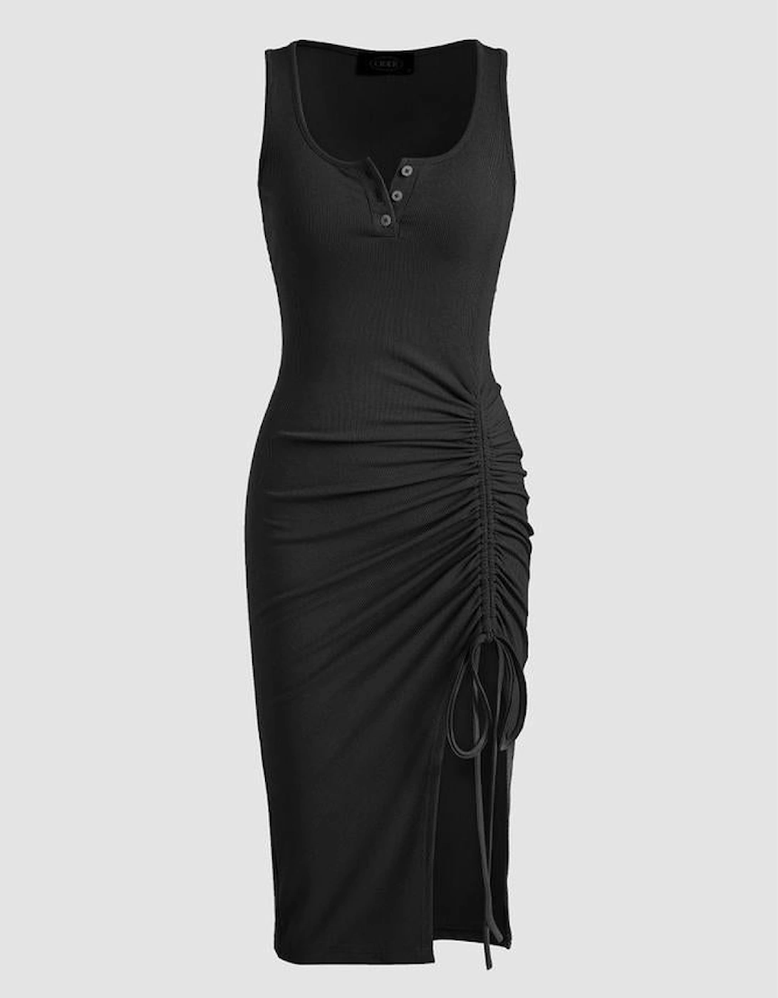 Black Drawstring Ruched Side Split Ribbed Midi Dress