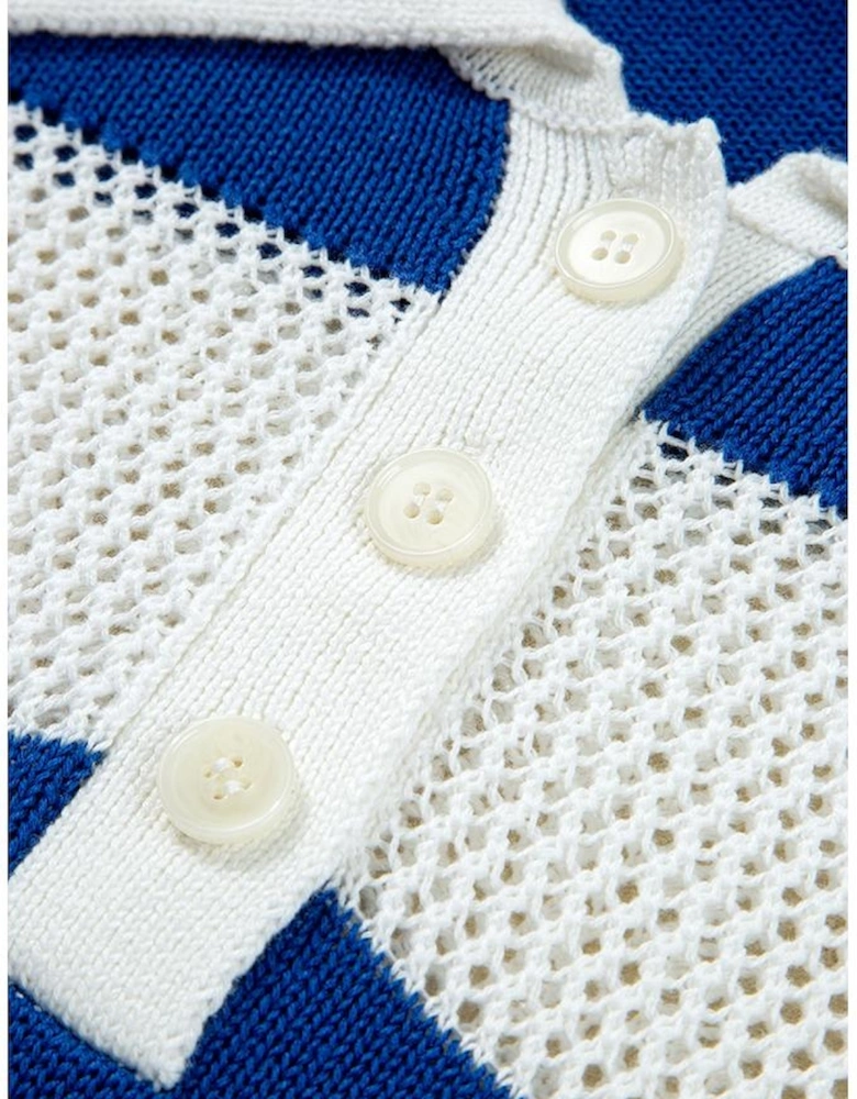 Blue Stripe Colorblock Polo Collar Eyelet Crochet Knitted Sweater