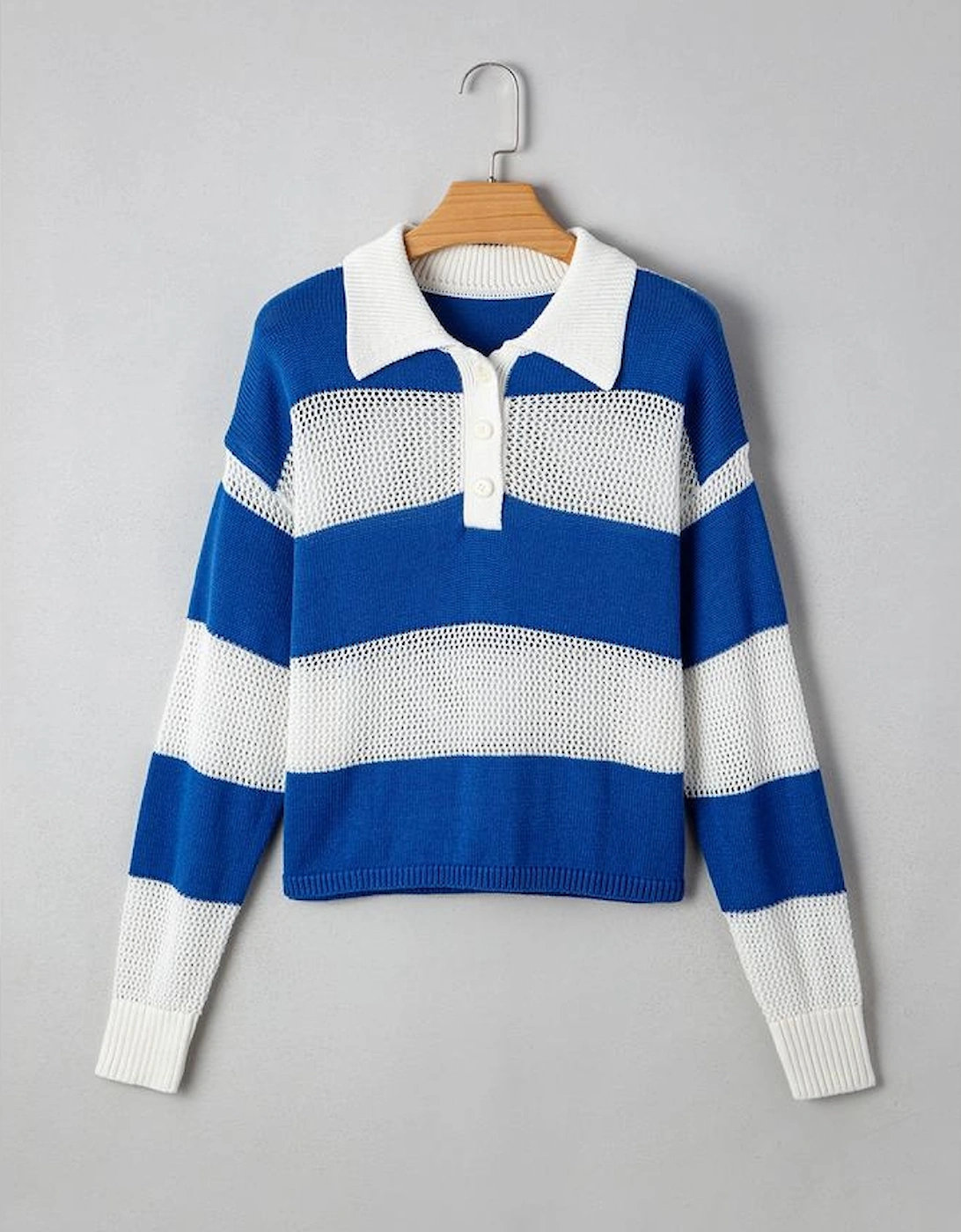 Blue Stripe Colorblock Polo Collar Eyelet Crochet Knitted Sweater