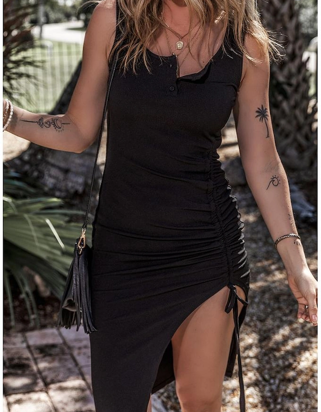 Black Drawstring Ruched Side Split Ribbed Midi Dress