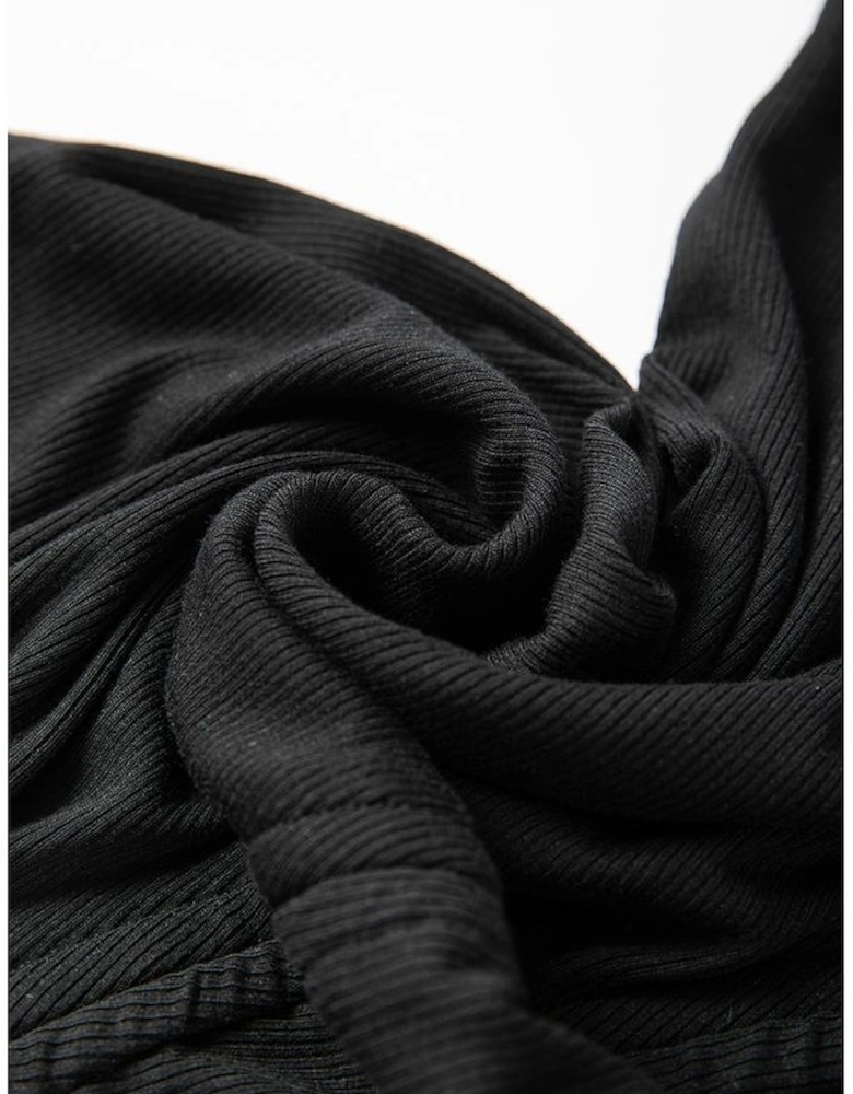 Black Drawstring Ruched Side Split Ribbed Midi Dress