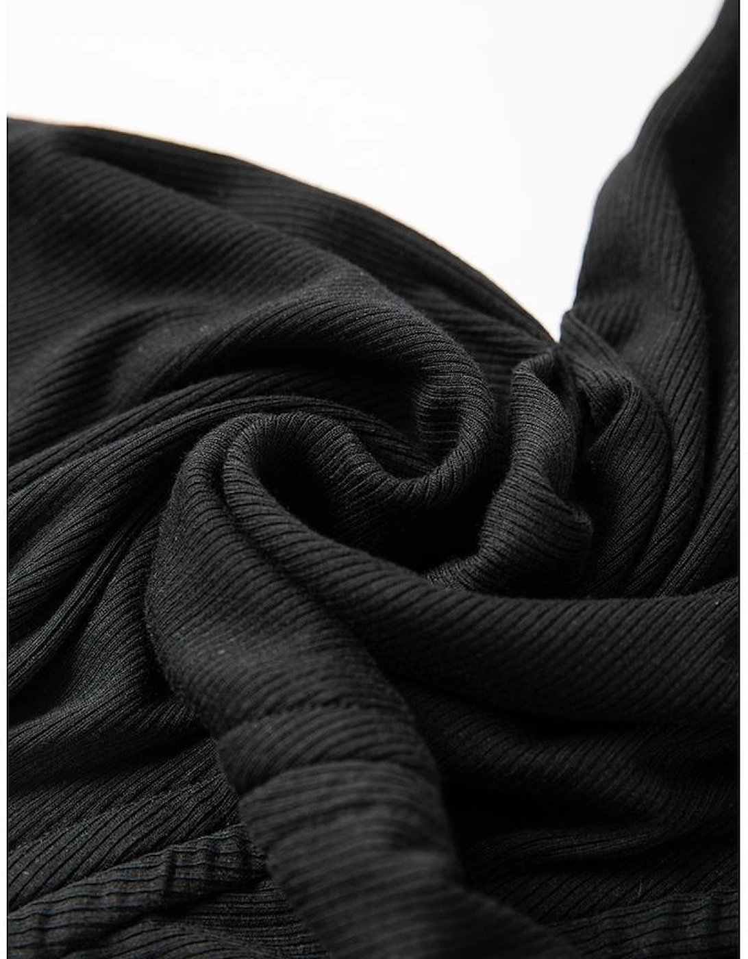 Black Drawstring Ruched Side Split Ribbed Midi Dress