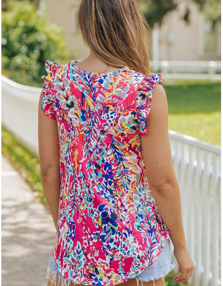 Rose Floral Print Tank Top with Ruffles