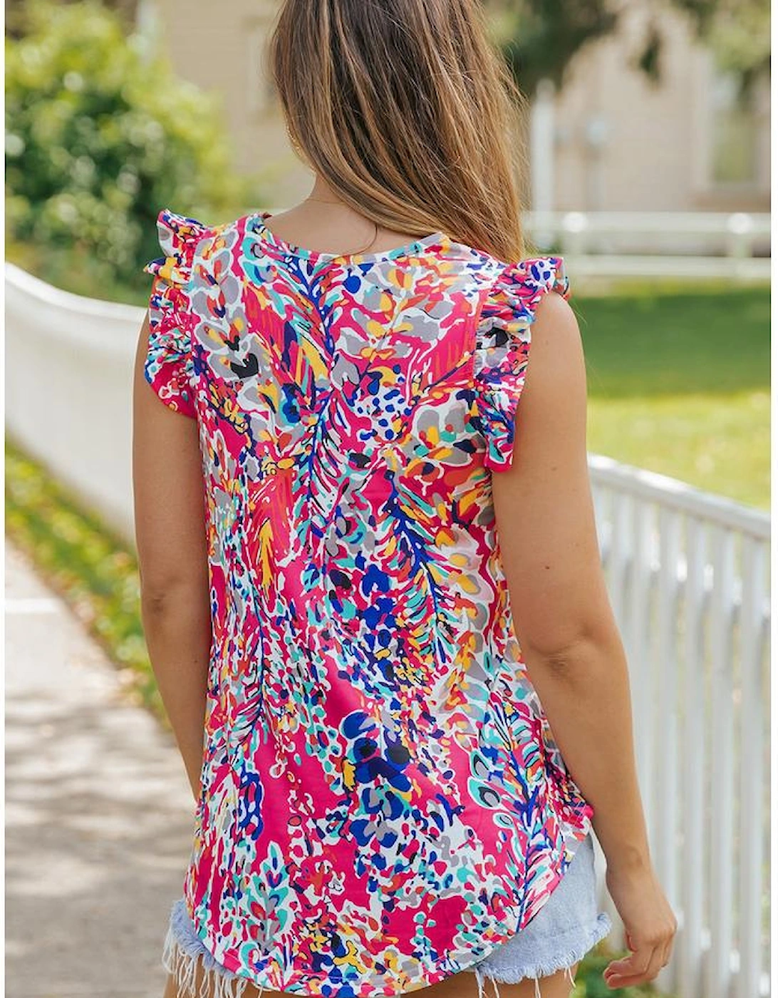 Rose Floral Print Tank Top with Ruffles