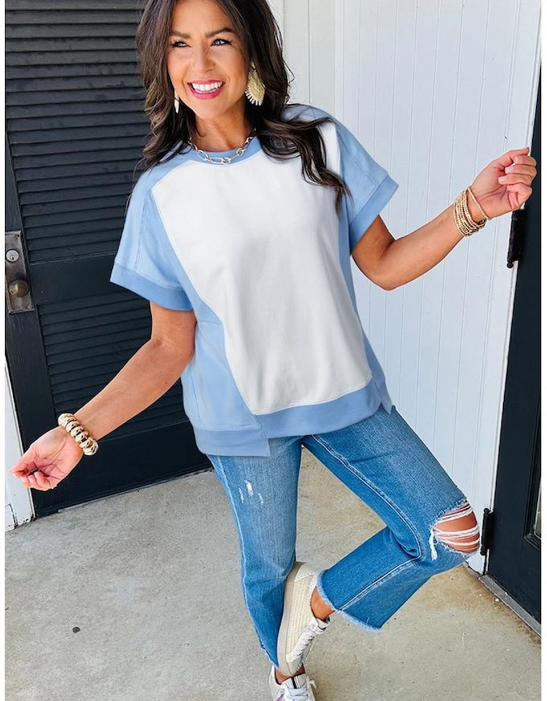 Sky Blue Color Block Exposed Seam Crew Neck T Shirt, 11 of 10