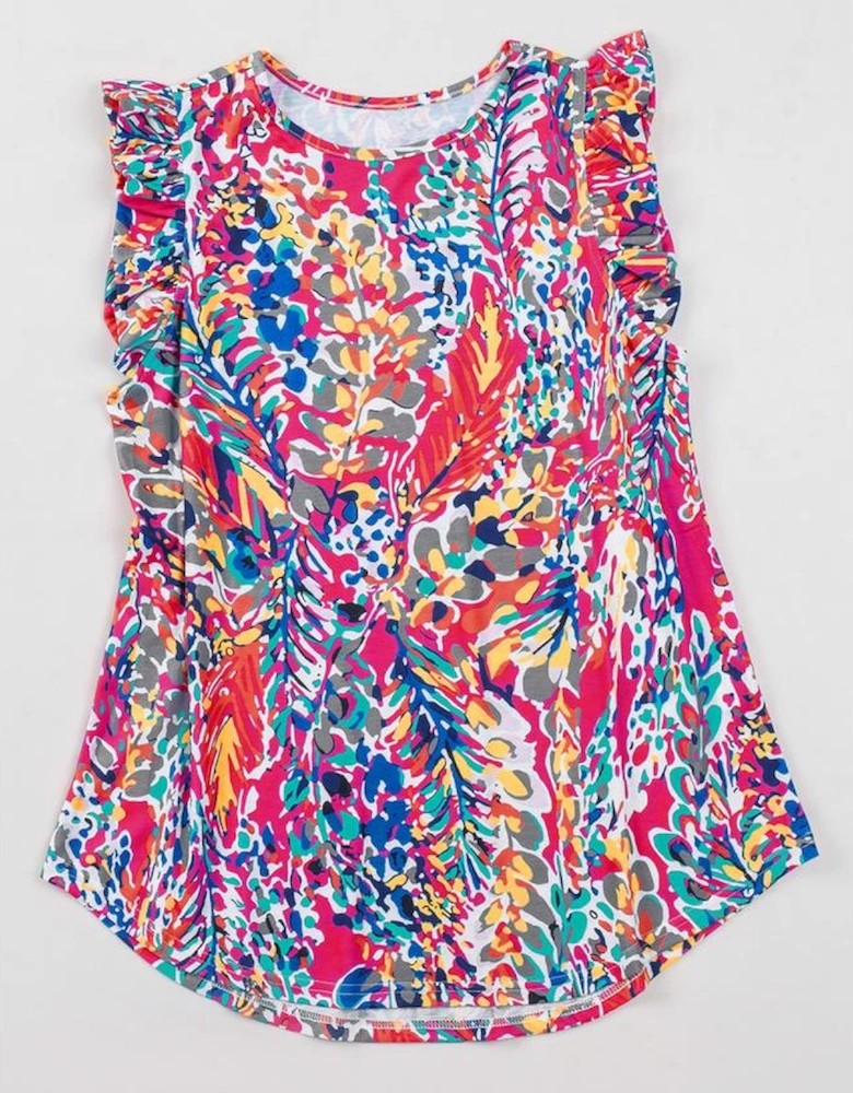 Rose Floral Print Tank Top with Ruffles