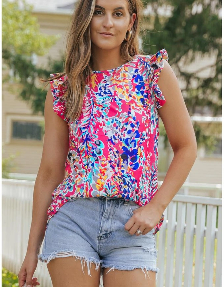 Rose Floral Print Tank Top with Ruffles