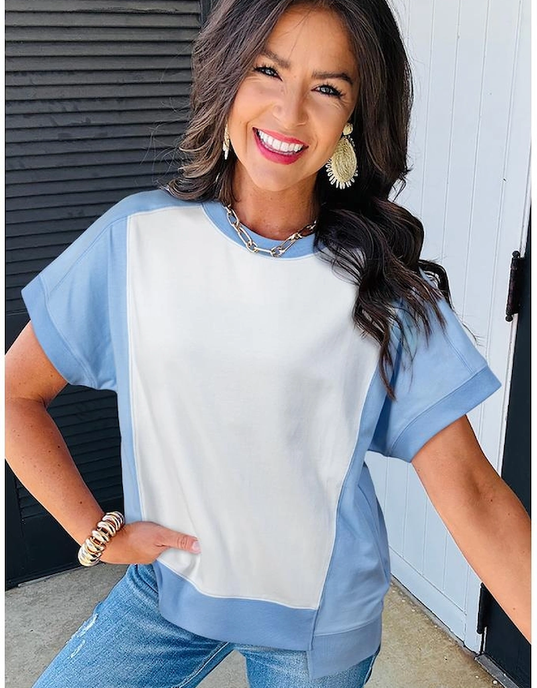 Sky Blue Color Block Exposed Seam Crew Neck T Shirt
