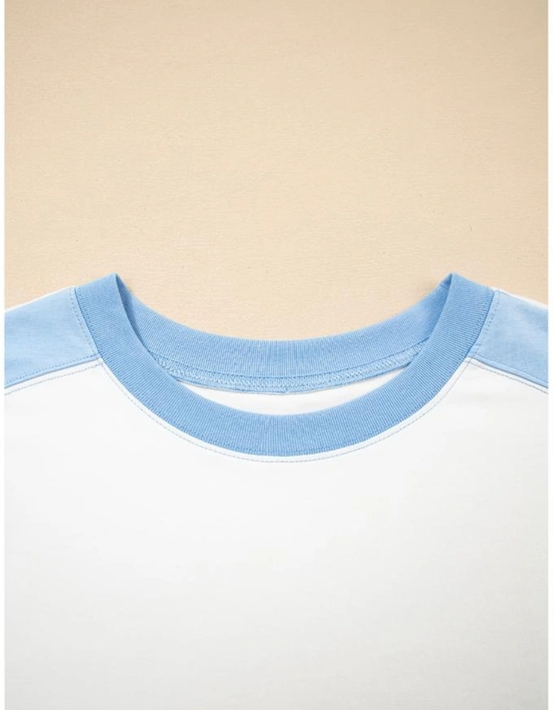 Sky Blue Color Block Exposed Seam Crew Neck T Shirt