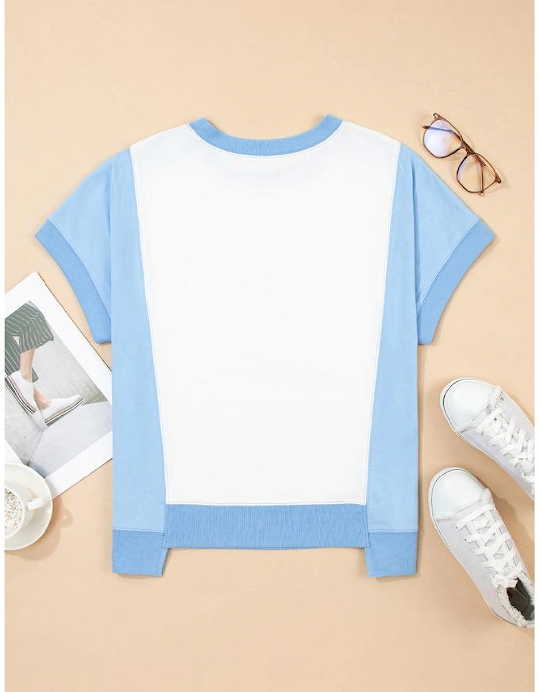 Sky Blue Star Plaid Flower USA Graphic Color Block Crewneck T Shirt