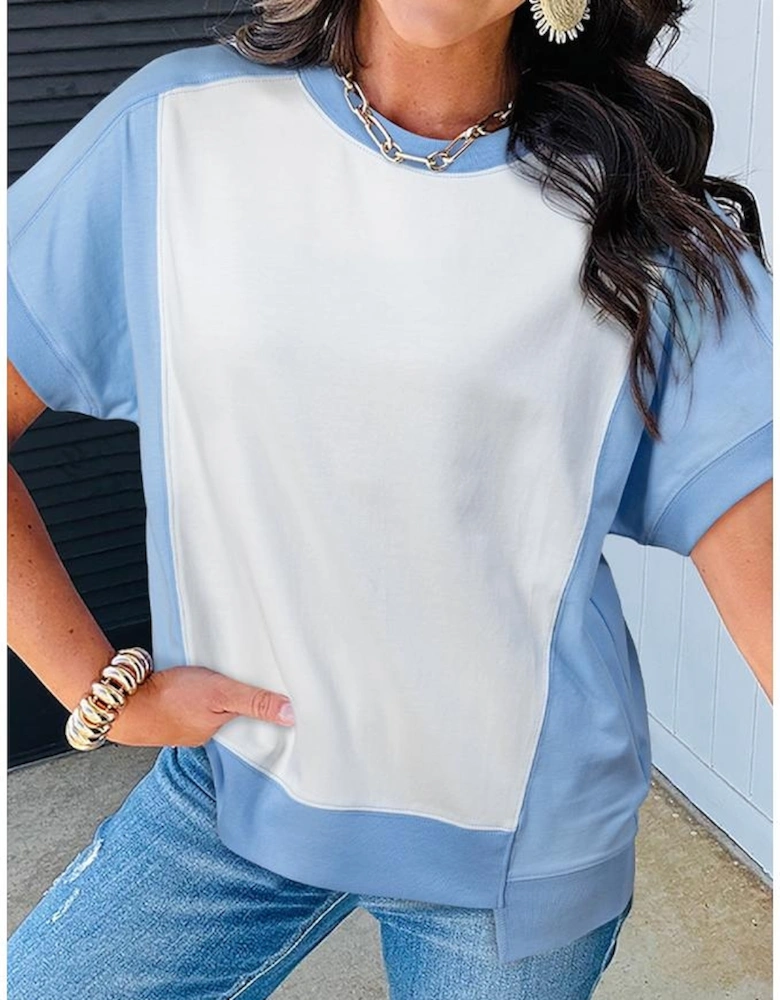 Sky Blue Color Block Exposed Seam Crew Neck T Shirt