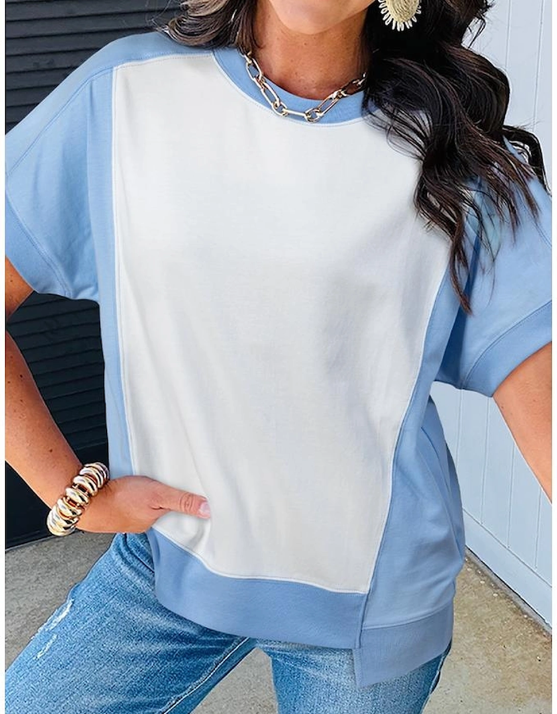 Sky Blue Color Block Exposed Seam Crew Neck T Shirt