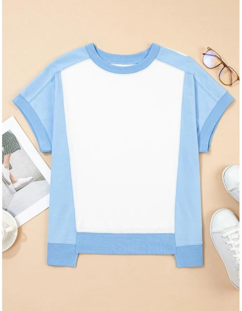 Sky Blue Color Block Exposed Seam Crew Neck T Shirt