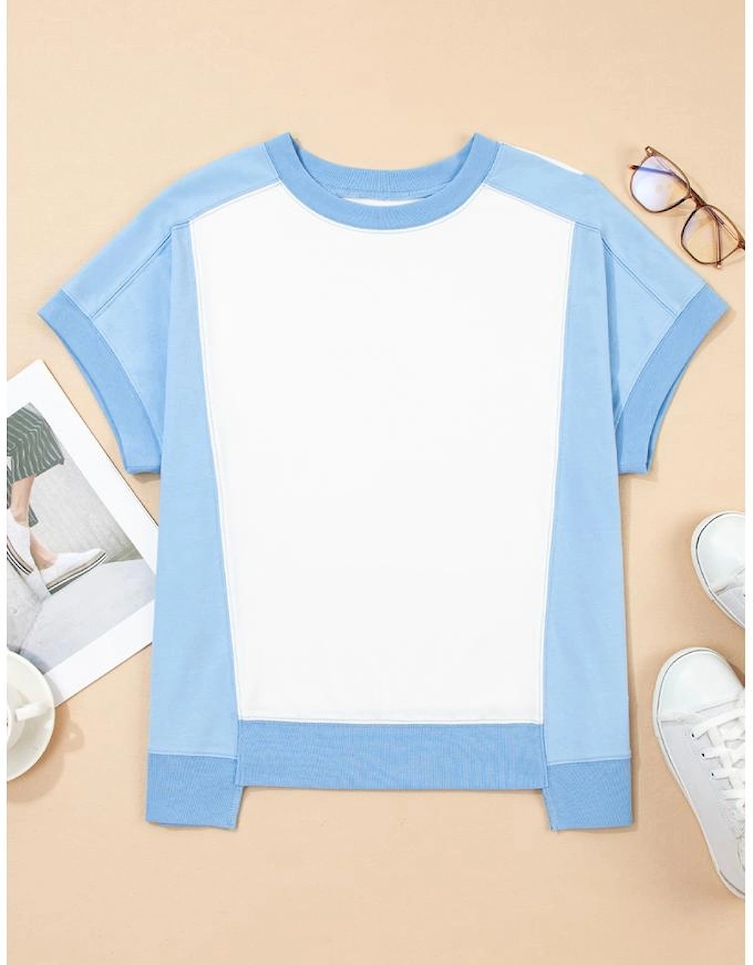 Sky Blue Color Block Exposed Seam Crew Neck T Shirt