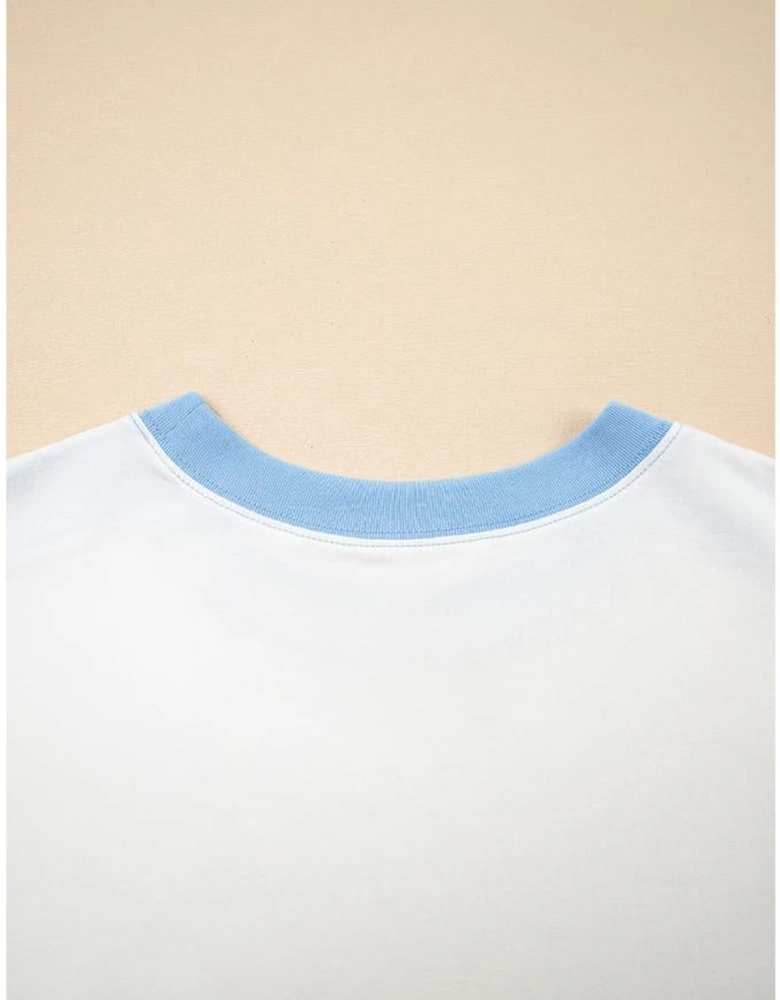 Sky Blue Color Block Exposed Seam Crew Neck T Shirt