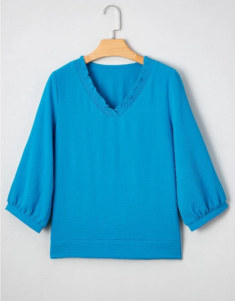 Sky Blue Frilled V Neckline Bracelet Sleeve Crinkled Blouse