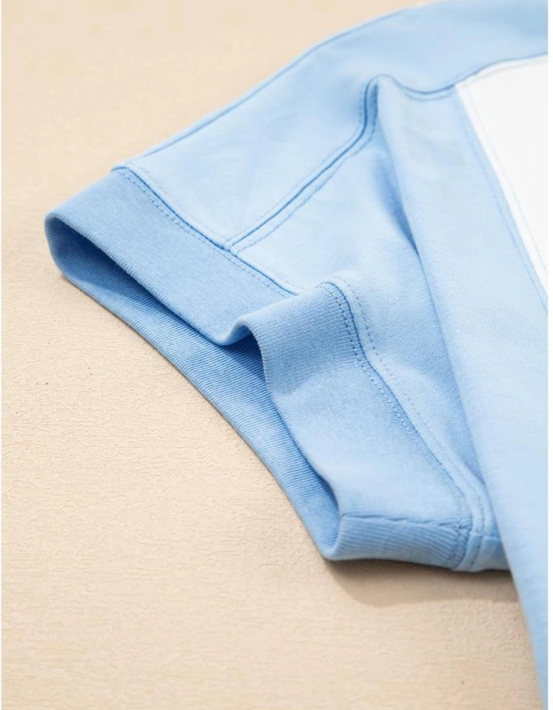 Sky Blue Color Block Exposed Seam Crew Neck T Shirt