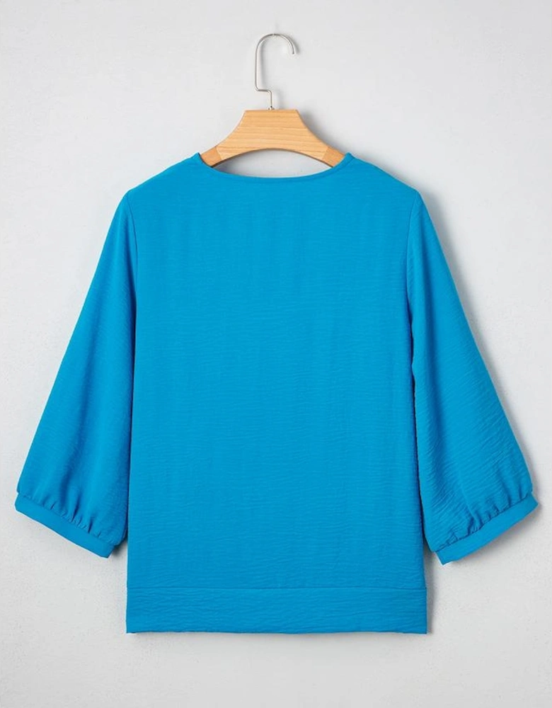 Sky Blue Frilled V Neckline Bracelet Sleeve Crinkled Blouse
