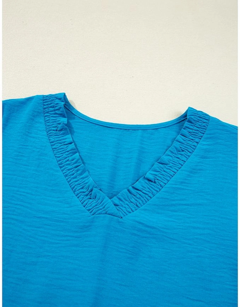 Sky Blue Frilled V Neckline Bracelet Sleeve Crinkled Blouse