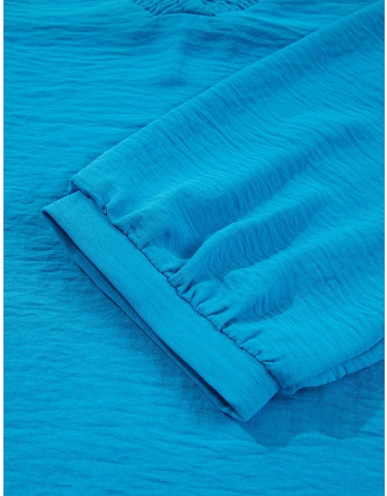 Sky Blue Frilled V Neckline Bracelet Sleeve Crinkled Blouse