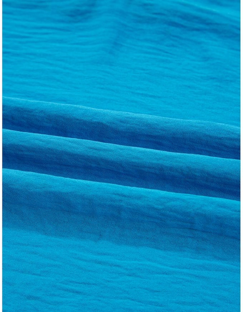 Sky Blue Frilled V Neckline Bracelet Sleeve Crinkled Blouse