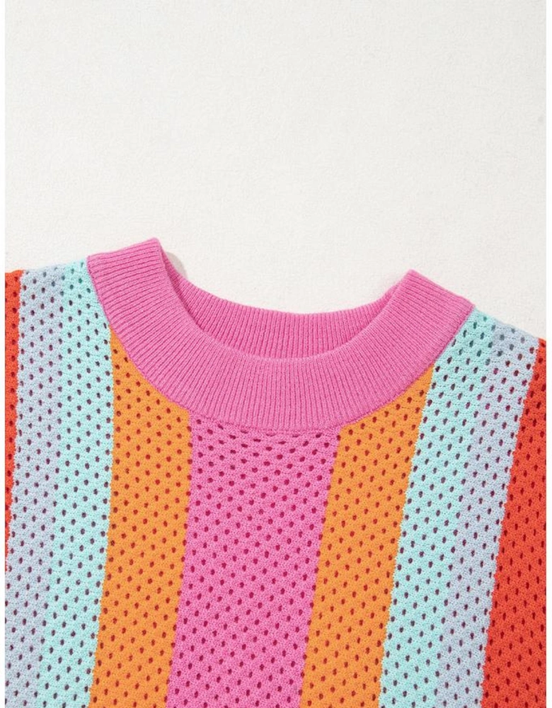 Orange Color Block Eyelet Casual Sweater T Shirt