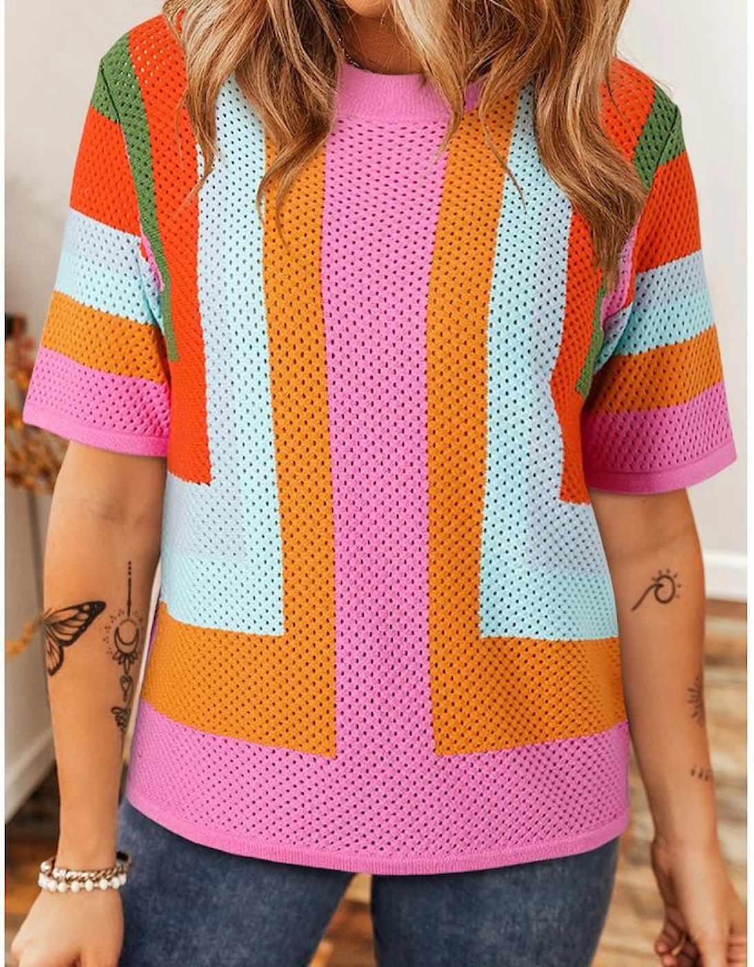 Orange Color Block Eyelet Casual Sweater T Shirt