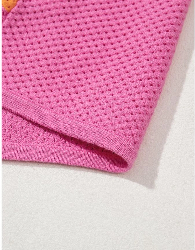 Orange Color Block Eyelet Casual Sweater T Shirt