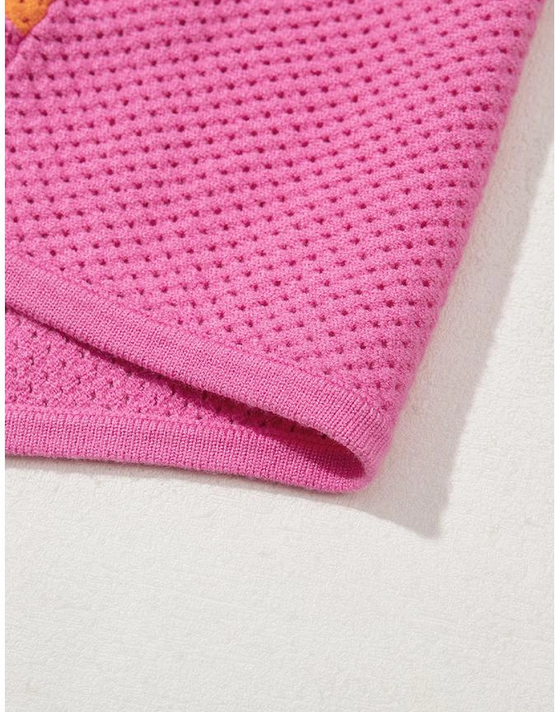 Orange Color Block Eyelet Casual Sweater T Shirt