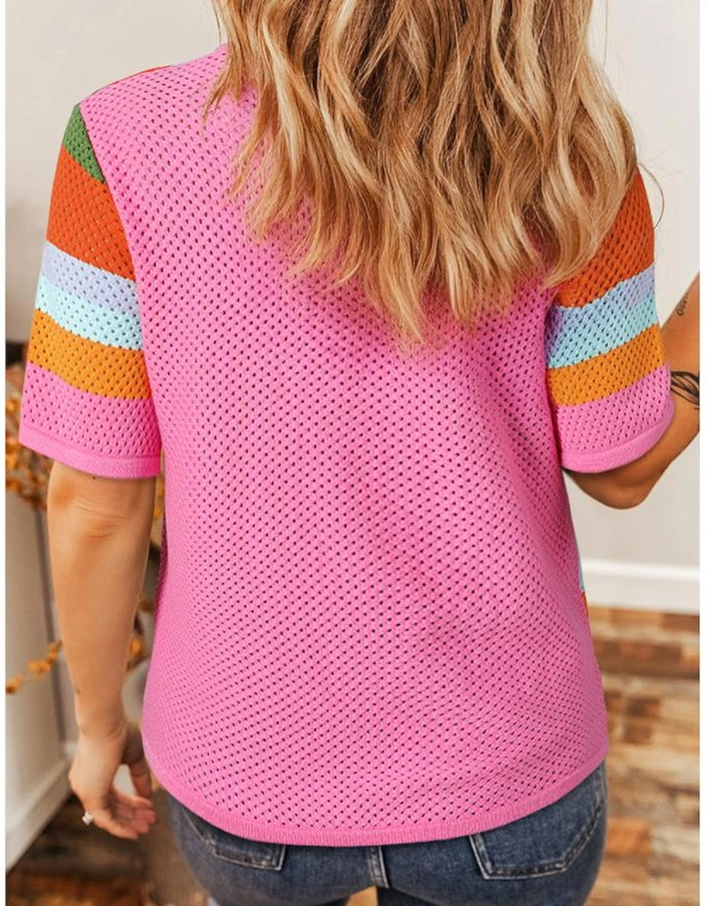 Orange Color Block Eyelet Casual Sweater T Shirt