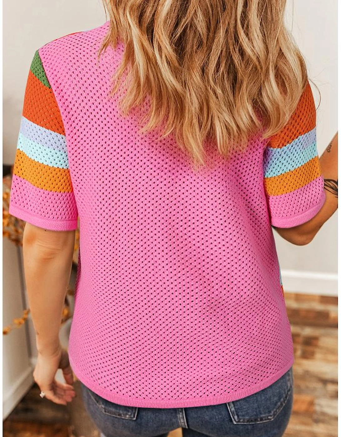 Orange Color Block Eyelet Casual Sweater T Shirt, 9 of 8