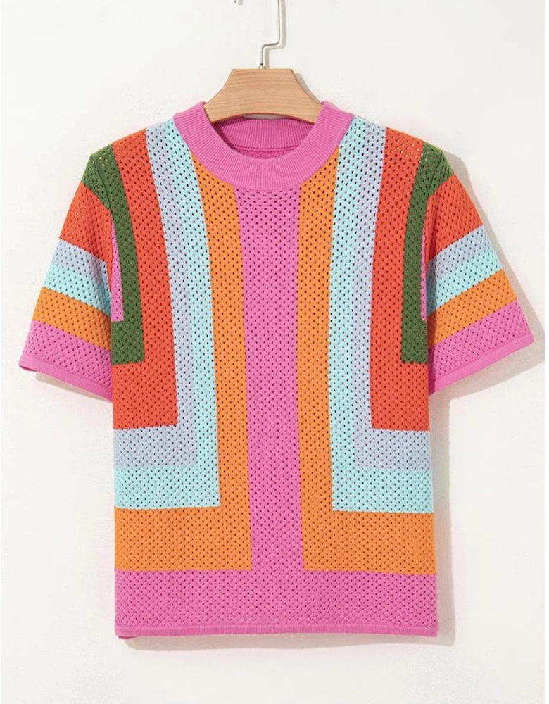 Orange Color Block Eyelet Casual Sweater T Shirt