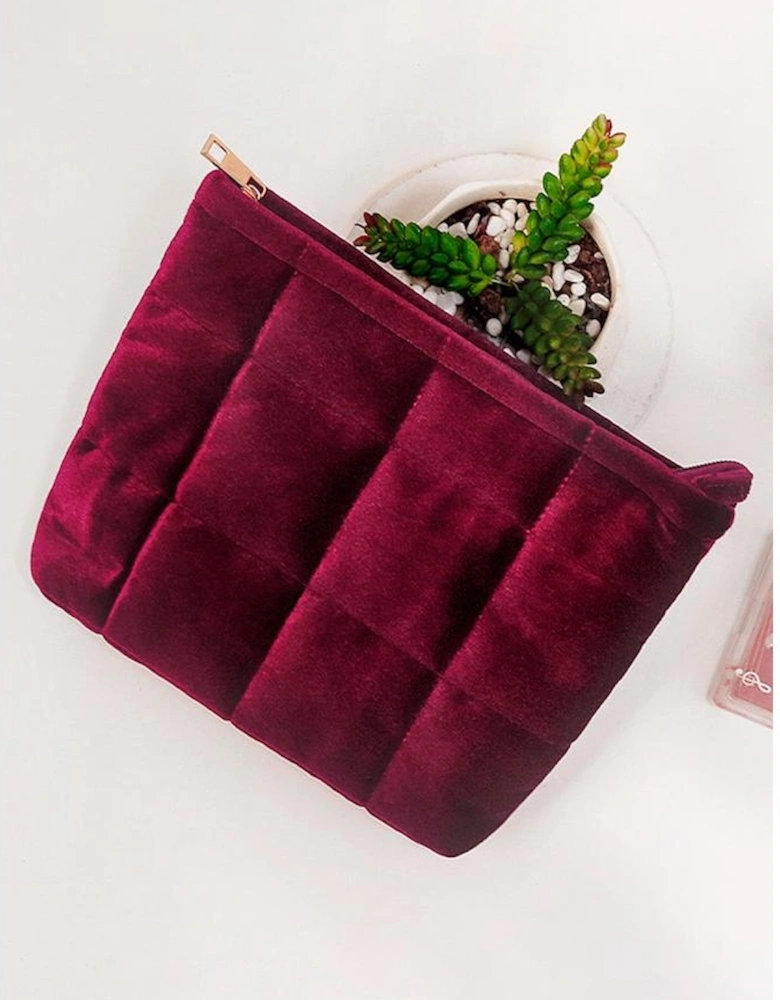Burgundy Quilted Velour Zipper Cosmetic Organize Pouch