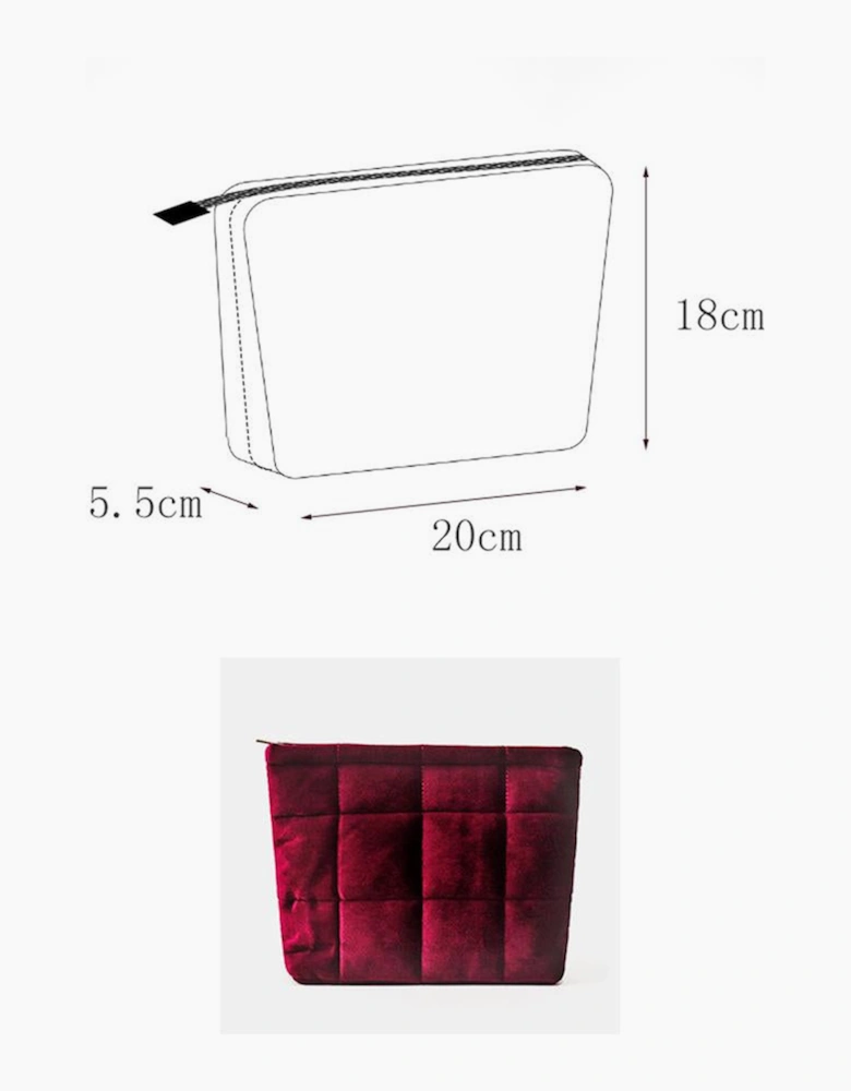 Burgundy Quilted Velour Zipper Cosmetic Organize Pouch